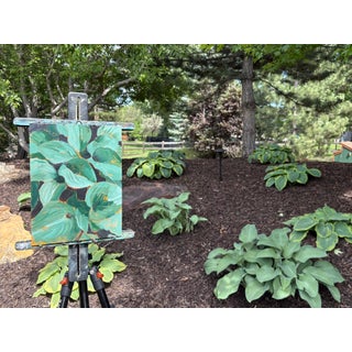 Hosta Party by Tracy Wall | Oil on Panel Painting of green hosta leaves in a garden setting For Sale