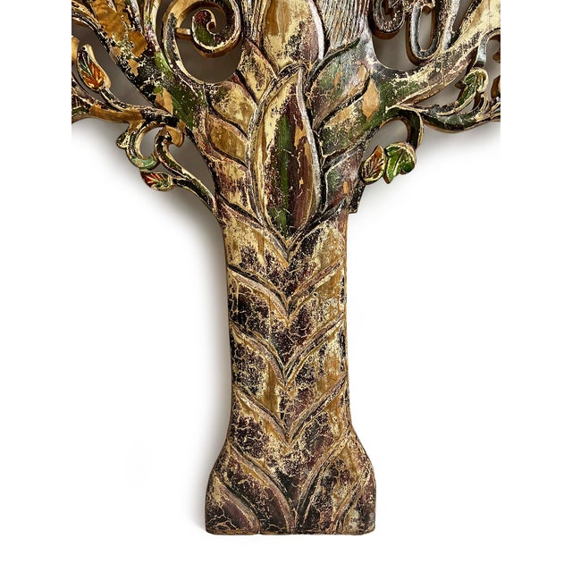 Wood Vintage Good Luck Wood Carved Peacock Tree For Sale - Image 7 of 10