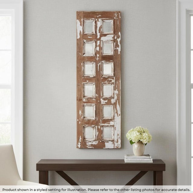 Dimensions: 14" W X 2" D X 44" H This Vintage Teak Wood Window Repurposed Wall Panel with Mirror is a captivating piece...