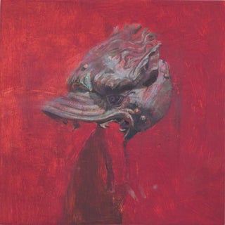 Totem Animal by Elena Burykina | Oil on panel Bronze totem animal head on a red background. For Sale
