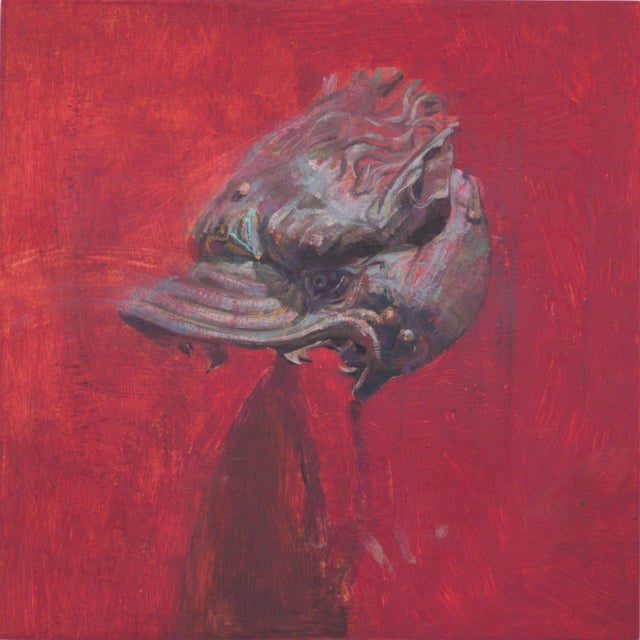 Totem Animal by Elena Burykina | Oil on panel Bronze totem animal head on a red background. For Sale