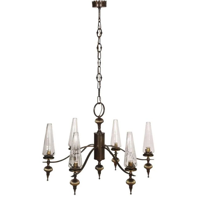 This mid-century Art Deco six-light chandelier is made of burnished brass and Murano blown glass. Up to 250V (Europe/UK...
