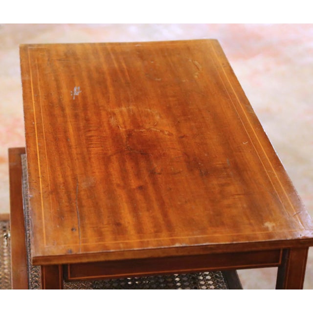 English 19th Century English Mahogany Inlaid Sliding Trays Side Table With Cane Shelves For Sale - Image 3 of 11