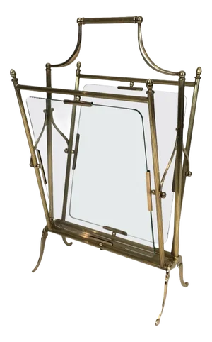 1940 Neoclassical Style Brass and Clear Glass Magazine Rack by Maison Jansen