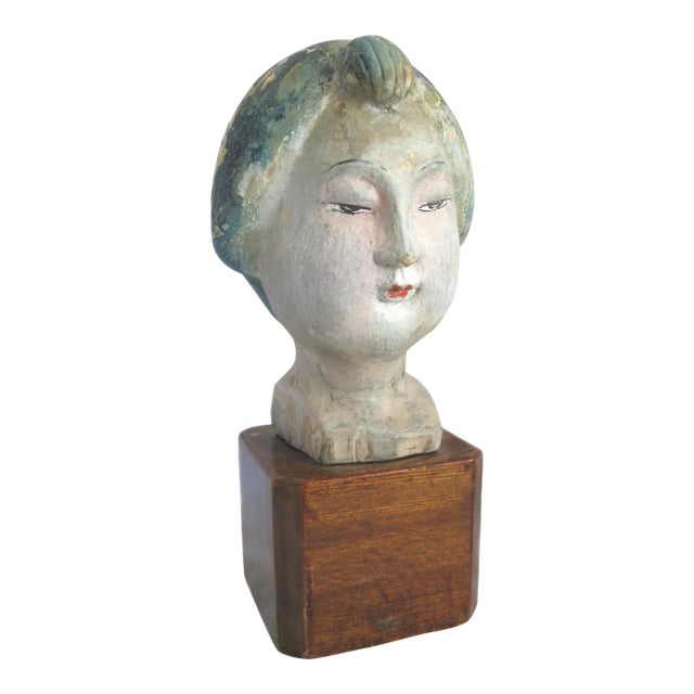 Hand-Carved Asian Head on Wood Stand For Sale