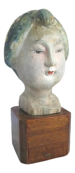 Hand-Carved Asian Head on Wood Stand