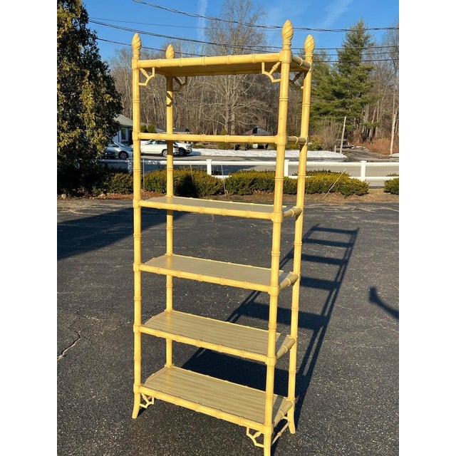 Palm Beach Regency Yellow Faux Bamboo Etagere Bookcase For Sale In New York - Image 6 of 18