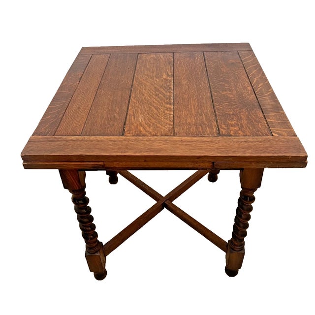 Wood Antique Expanding Pub Kitchen Table Barley Twist Legs Rare Petite Size Solid Oak For Sale - Image 7 of 13