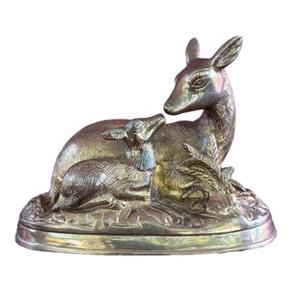 Vintage Hollow Cast Brass Doe and Fawn Sculpture For Sale