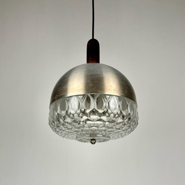 Wood Mid-Century Modern Italian Pressed Glass Pendant Lamp in Brushed Metal and Wood from Stilux Milano, 1960s For Sale - Image 7 of 7