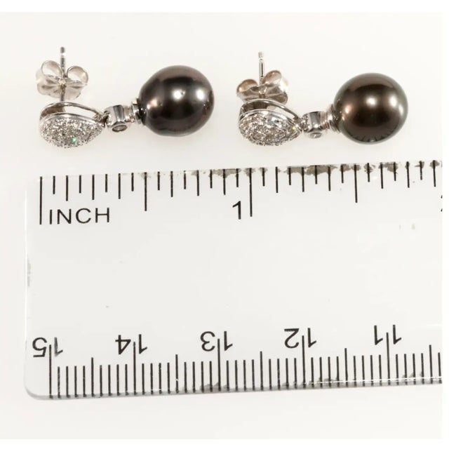 Abstract Tahitian Pearls & Diamonds 14k Pierced Earrings For Sale - Image 3 of 4