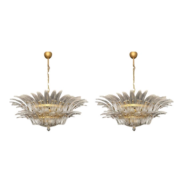 Pairs of Beautiful and Incredible Murano Glass Chandelier. - Petal Transparent and White For Sale
