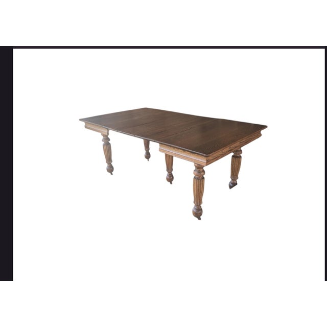 Late 19th Century Early American Solid Oak Banquet Dining Table With Fluted Legs on Casters For Sale - Image 10 of 18