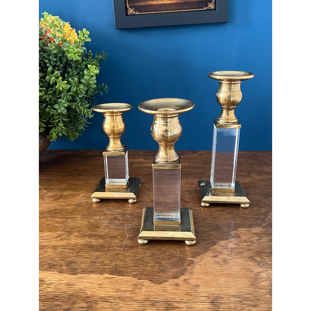 1960’s Brass & Lucite Candlestick Holders Set of 3 For Sale - Image 11 of 18