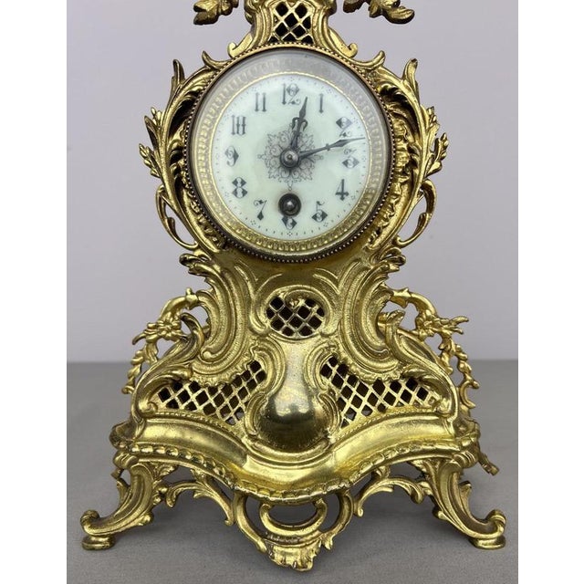 French Ornate Brass Mantel Clock with Key For Sale - Image 4 of 16