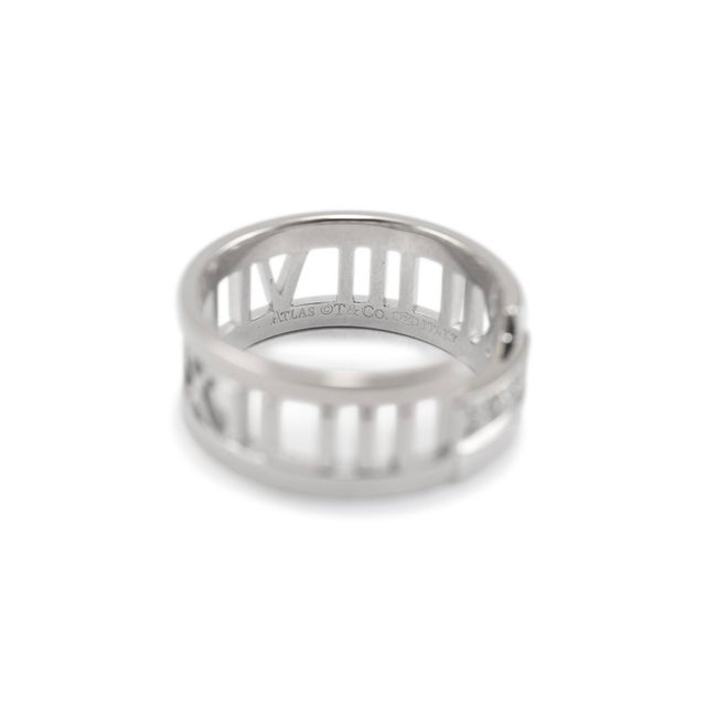 Early 21st Century Tiffany & Co. Atlas 18k White Gold Three Diamond Open Band Ring, Size 6.5 For Sale - Image 5 of 7