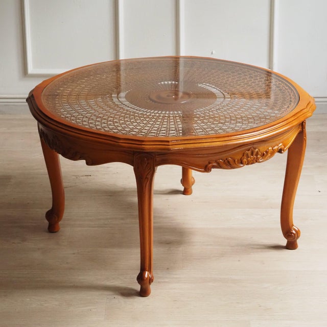 Louis Philippe Round Coffee Table with Wickerwork and Glass Top For Sale - Image 10 of 10