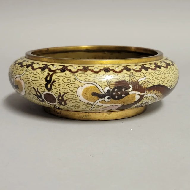Metal Circa-1900 Yellow Cloisonne Dragon Bowl, Chinese, Late Qing Dynasty For Sale - Image 7 of 12