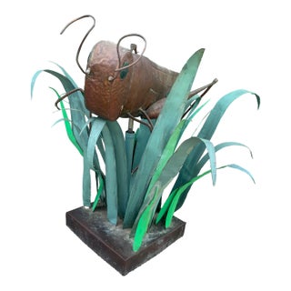 Vintage Folk Art Copper Grasshopper in Blades of Copper Grass For Sale