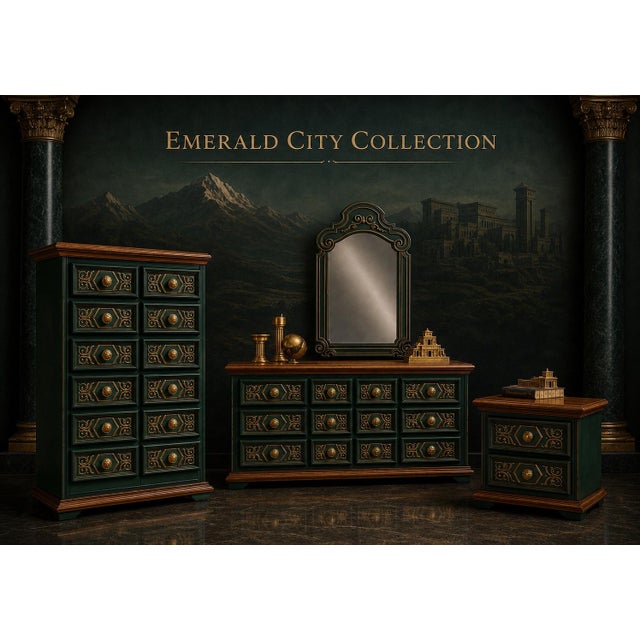 Gothic Late 20th Century Emerald Green & Gold Gilded Carved Wood Dresser – 54” Tall Chest, Walnut Top, Faux Double Drawer Design (Emerald City Collection) For Sale - Image 3 of 5