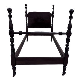 Antique Twin Size Victorian Cannonball Finial Spool & Bobbin Four Poster Bed For Sale