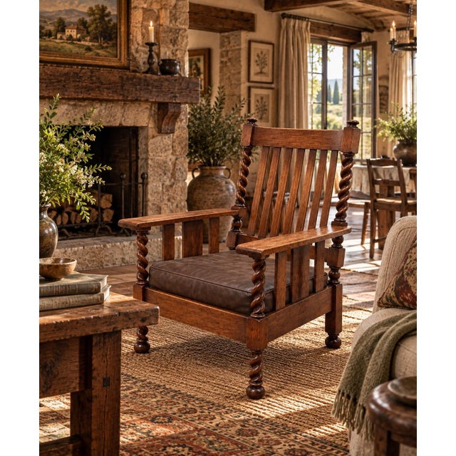 Arts & Crafts Antique Arts & Crafts, Original Stickley Brothers, Oak, Slat Back, Very Rare Barley Twist Stiles & Legs Lounge Chair. Labeled and Stamped For Sale - Image 3 of 10