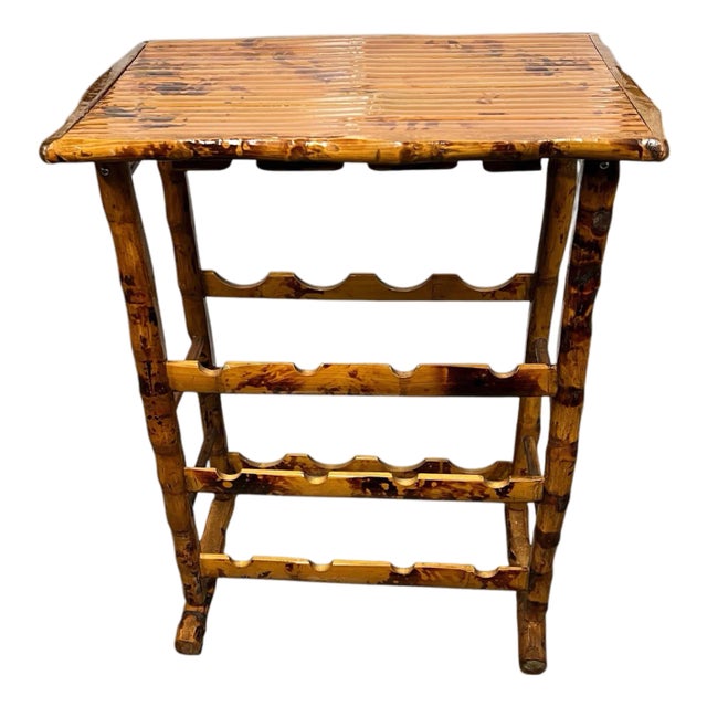 Vintage Burnt Bamboo Wine Rack Side or Serving Table For Sale