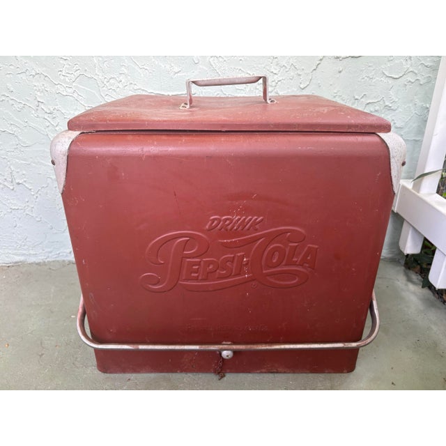 Pepsi-Cola Soda Company Vintage 1940s Drink Pepsi-Cola Embossed Metal Cooler by Progress Refrigerator Co. For Sale - Image 4 of 12