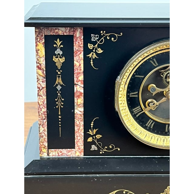 Antique Victorian Slate Mantle Clock With Open Escapement 8 Day Time and Strike C. Late 19th Century For Sale In Boston - Image 6 of 8