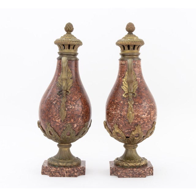 Metal French Ormolu Mounted Rouge Griotte Urns, Pair For Sale - Image 7 of 8