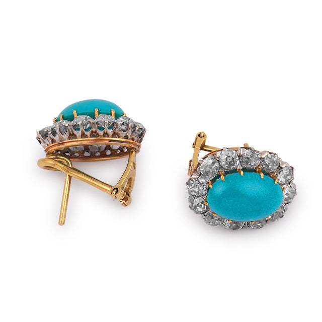 1910s Edwardian Turquoise Diamond 18k Yellow Gold Cluster Earrings, A Pair For Sale - Image 4 of 6