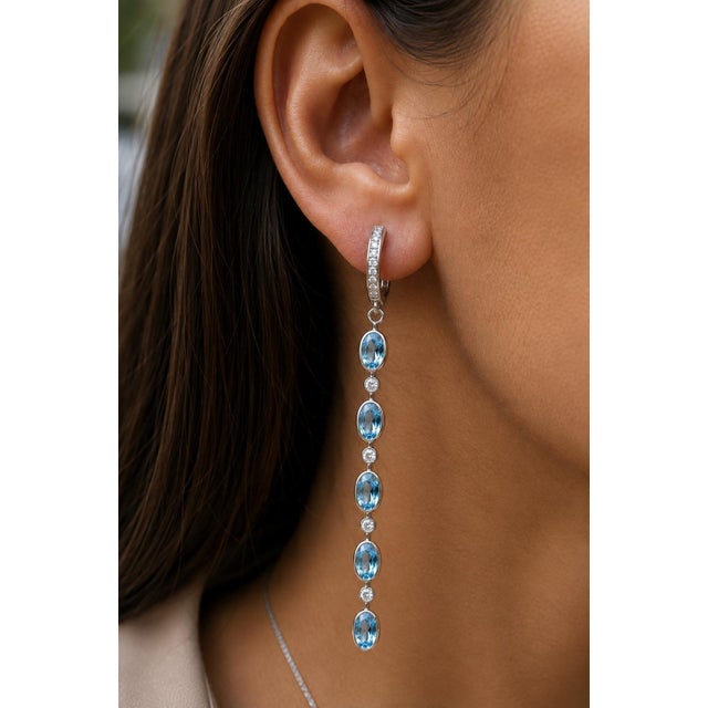 Blue Topaz Huggie Drop Earrings, Silver, Gold, Pair For Sale - Image 8 of 10