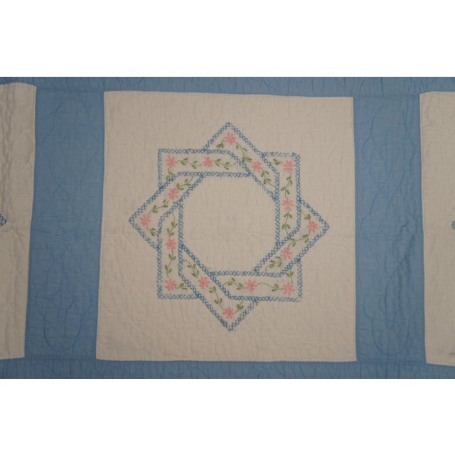 Folk Art Antique Folk Art Stitched Woven Floral Labyrinth Star Sawtooth Quilt Blanket For Sale - Image 3 of 13