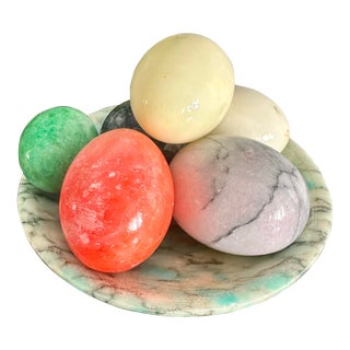 Miniature Colorful Alabaster Marble Eggs and Plate/Tray - 7 Pieces For Sale