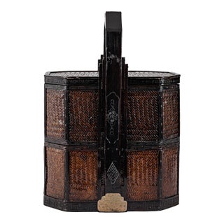 Antique 2 Two Tiered Chinese Wedding Basket in Dark Wood & Bamboo Rattan For Sale
