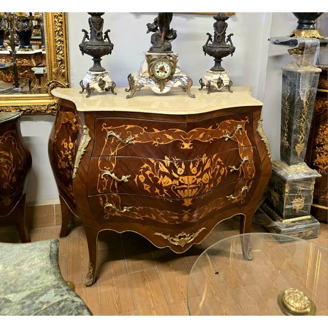 French French Bombe Commode With Marble Top – Floral Marquetry Chest of Drawers With Bronze Ormolu Mounts For Sale - Image 3 of 3