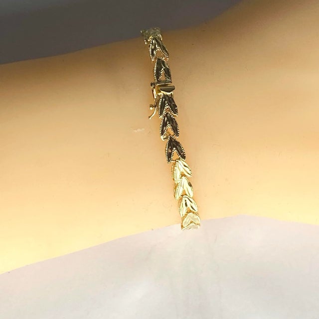 Gold 14k Yellow Gold Leaf Motif Stacking Bracelet Etched Reflective Accents For Sale - Image 8 of 10