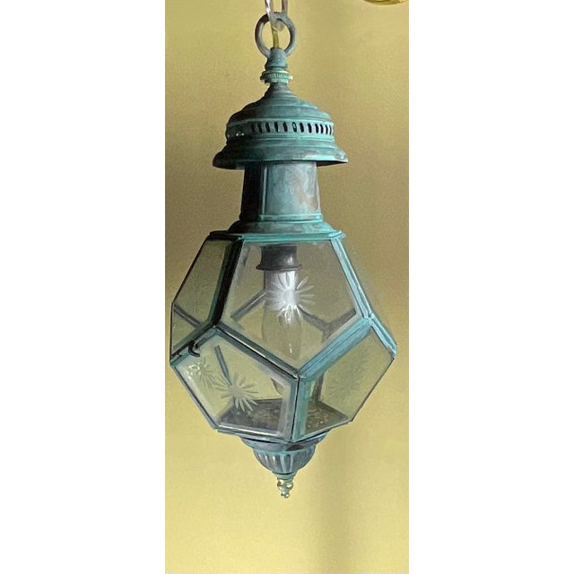 Green Antique English Solid Brass & Glass Starburst Hanging Lantern - Pendant For Sale - Image 8 of 14