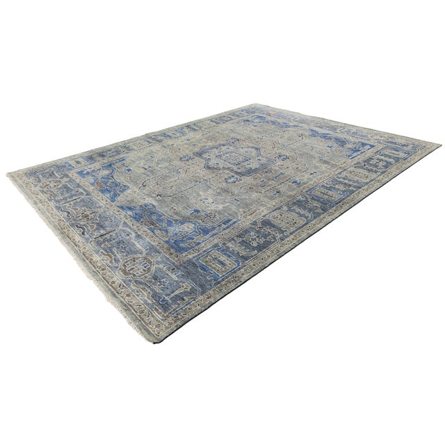 Modern Hand-Knotted Oushak Style Area Rug in Slate Grey & Cobalt Blue Wool 9x12 For Sale - Image 12 of 12