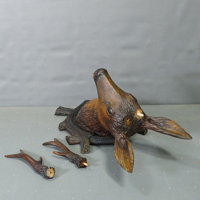 Wood Large Naturalistic Black Forest Carved Deer Head, Ca. 1930s For Sale - Image 7 of 8