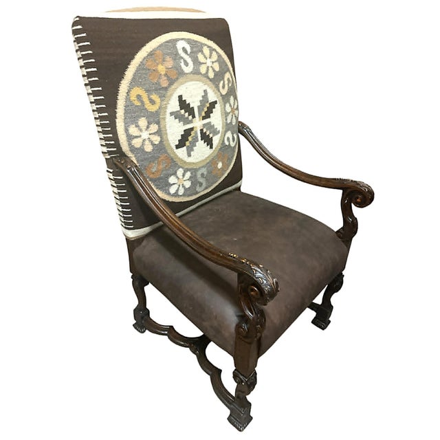 Majestic hand carved oak hacienda chair with acanthus leaf details from the 19th century. I reupholstered it with new...