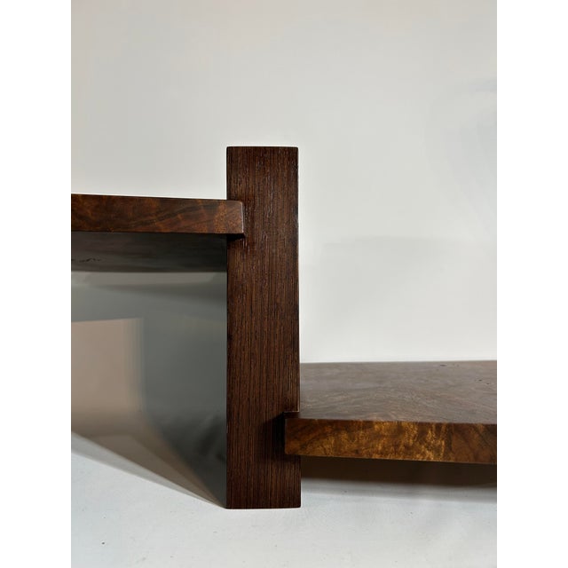 Arts & Crafts 2000s Live Edge Enzo Custom Hanging Figured Claro Black Walnut Burl Double Shelf - 1 Piece For Sale - Image 3 of 11
