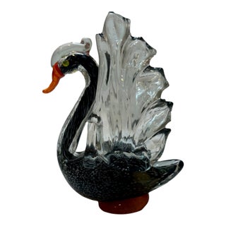 Vintage Signed Murano Black Swan Art Hand Blown Glass Sculpture Figurine For Sale