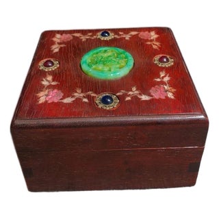 1980s Huali Wood Jewelry Box With Shell Inlay, Jade Disc and Gemstones For Sale