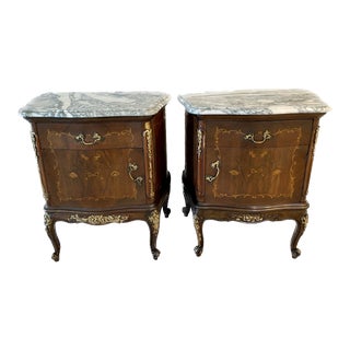 19thC French Louis XV Marble Top Inlaid Walnut Side Tables - a Pair For Sale