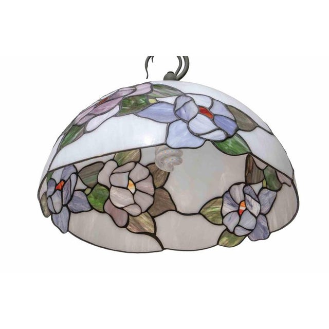 Metal Handcrafted Floral Stained Glass Pendant Lamp in the style of Tiffany, 1970s For Sale - Image 7 of 8