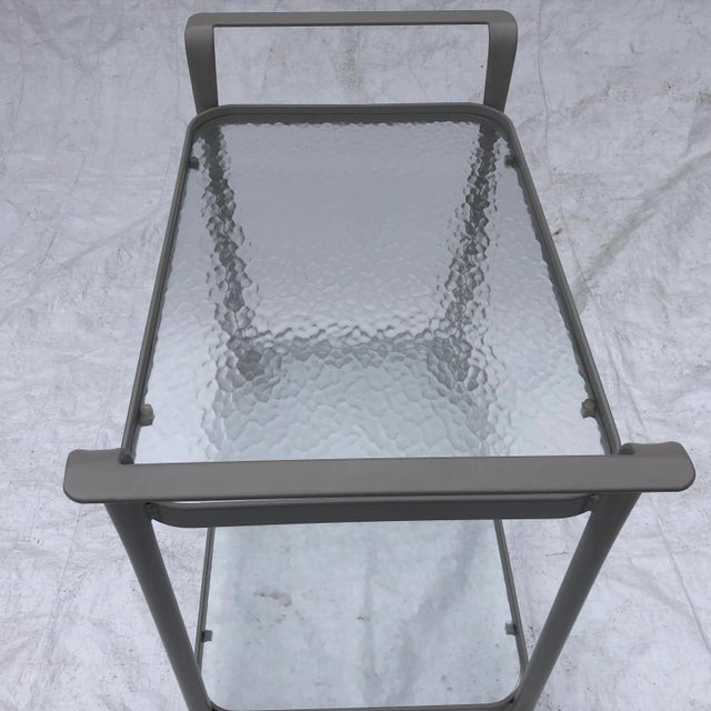 Woodard Patio Bar Cart or Tea Cart on roller castors, misty gray, two-shelves of textured glass.