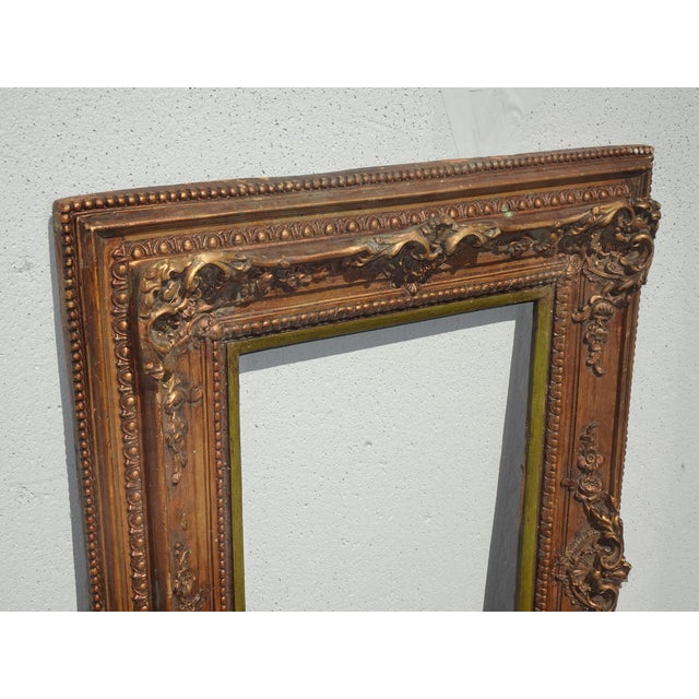 1970s 36 5/8" H Vintage French Country Gold Ornate Picture Frame W Green Inner Strip For Sale - Image 5 of 14