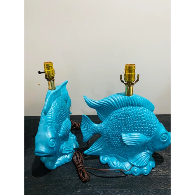Vintage Coastal Tiffany Blue Ceramic Angelfish Lamps- a Pair For Sale - Image 4 of 6