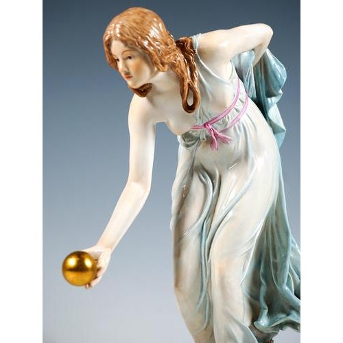 Early 20th Century Art Nouveau Figurine of Young Lady Ball Player attributed to Walter Schott for Meissen, 1900s For Sale - Image 5 of 7